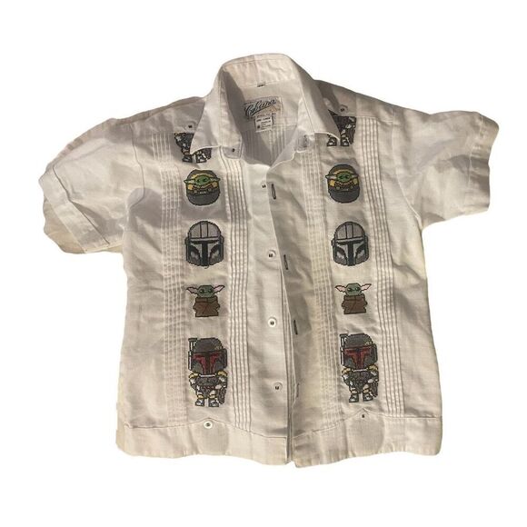Boys Kids STAR WARS Collared Shirt SZ 10 Cubans Linen Embroidered So Cute - Picture 1 of 16